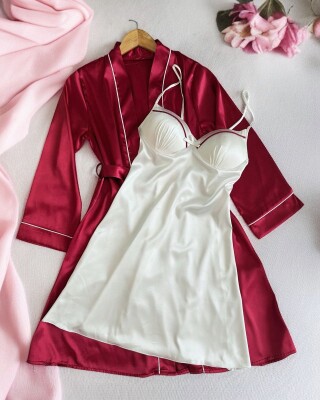 2 Parça Bordo Laurel Kadın Saten Gecelik Sabahlık Çeyiz Seti 6922 - ÇeyizeDairHerşey