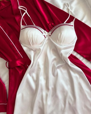 4 Parça Bordo Laurel Kadın Saten Gecelik Sabahlık Çeyiz Seti 6921 - ÇeyizeDairHerşey (1)