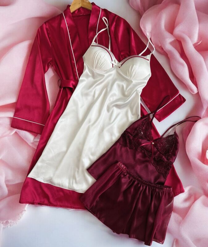 4 Parça Bordo Laurel Kadın Saten Gecelik Sabahlık Çeyiz Seti 6921 - 1