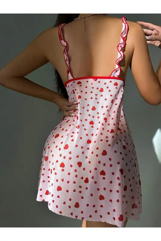 Aria's Closet Pembe Kırmızı Kalp Desenli Gecelik 6902 - 2