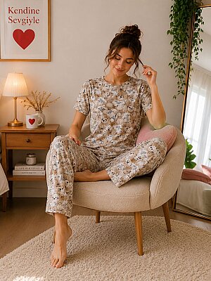 Ayıcık Desenli Rahat Ev Giyim Pijama Takımı 7204 - ÇeyizeDairHerşey