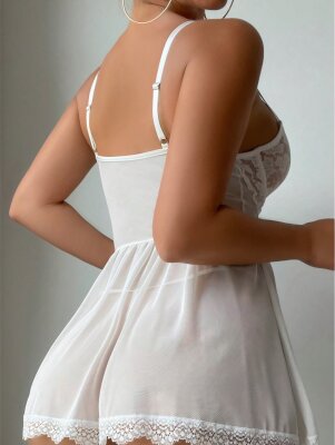 Bağcıklı Dantel Detaylı Fantezi Gecelik Beyaz Tanga Dahil 7109 - ÇeyizeDairHerşey (1)