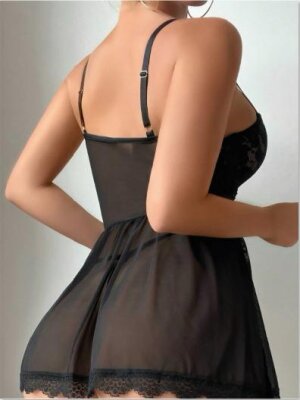 Bağcıklı Dantel Detaylı Fantezi Gecelik Siyah Tanga Dahil 7091 - ÇeyizeDairHerşey (1)