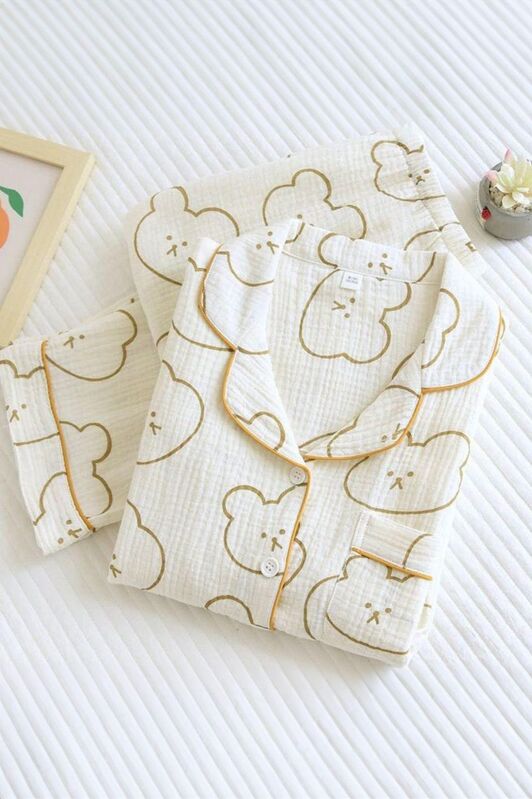Beatiful Krinkıl Bear Face Örme Special Kumaş Pijama Takımı 6874 - 1