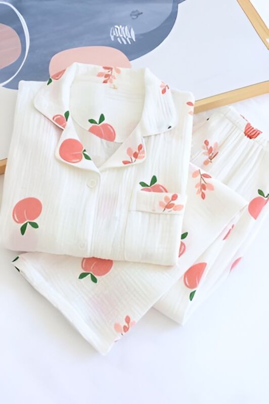 Beatiful Krinkıl Peach And Flowers Örme Special Kumaş Pijama Takımı 6775 - 1