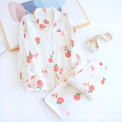 Beatiful Krinkıl Peach And Flowers Örme Special Kumaş Pijama Takımı 6775 - ÇeyizeDairHerşey (1)