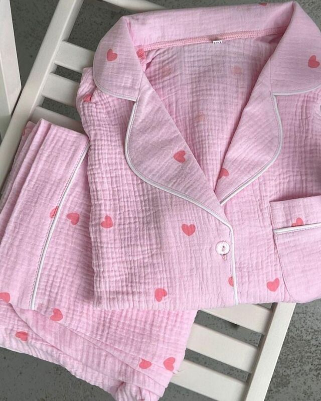 Beatiful Krinkıl Pembe kalpli Örme Special Kumaş Pijama Takımı 6870 - 1