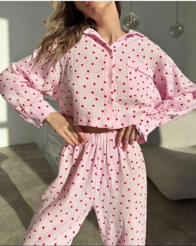 Beatiful Krinkıl Pink Heart Örme Special Kumaş Pijama Takımı - 1