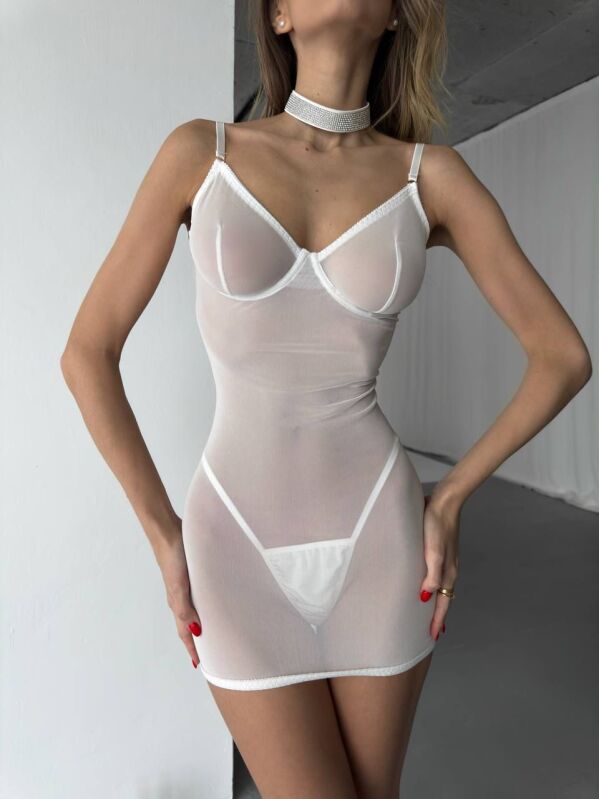 Beyaz arkası çapraz bağlamalı seksi gecelik 6951 - 1