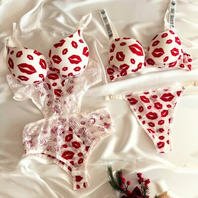 Beyaz Kırmızı Dudak Desenli İki Parçalı Fantazi Lingerie Set – Sütyen & Tanga + Tek Parça Bodysuid 7088 - ÇeyizeDairHerşey