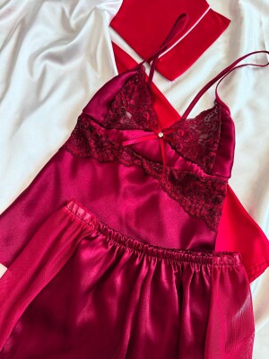 Bordo Laurel Kadın Saten Gecelik Sabahlık Çeyiz Seti 6920 - 4