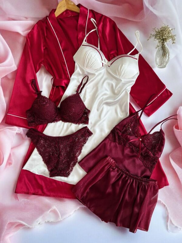 Bordo Laurel Kadın Saten Gecelik Sabahlık Çeyiz Seti 6920 - 1