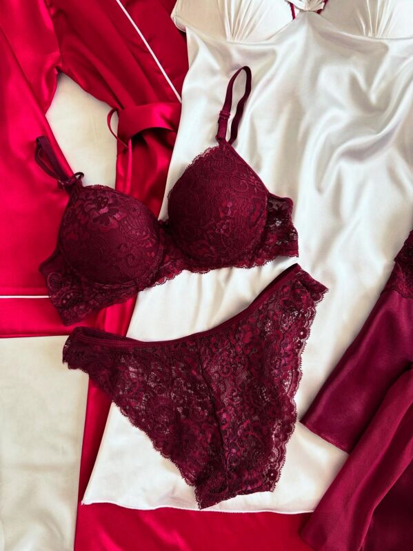 Bordo Laurel Kadın Saten Gecelik Sabahlık Çeyiz Seti 6920 - 5