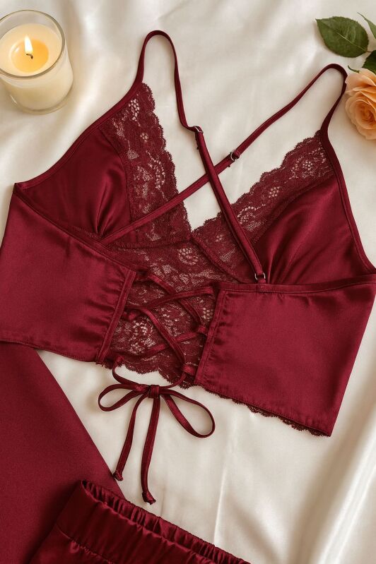 Bordo Rüya – Saten Sabahlıklı 3’lü Takım 6940 - 2