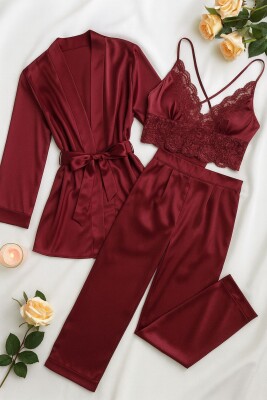 Bordo Rüya – Saten Sabahlıklı 3’lü Takım 6940 - ÇeyizeDairHerşey