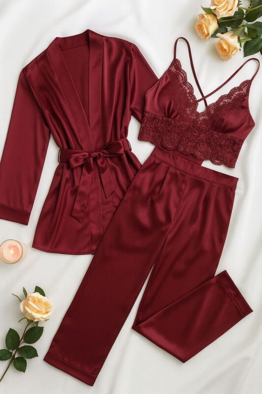 Bordo Rüya – Saten Sabahlıklı 3’lü Takım 6940 - 1