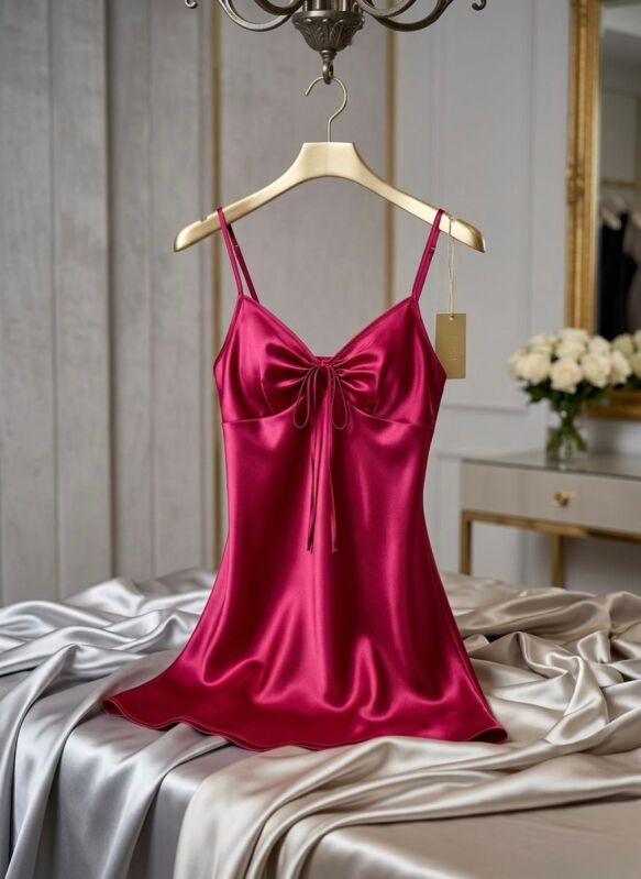 Bordo Saten Fiyonk Detaylı Askılı Gecelik – Şık ve Mini Nightdress - 1