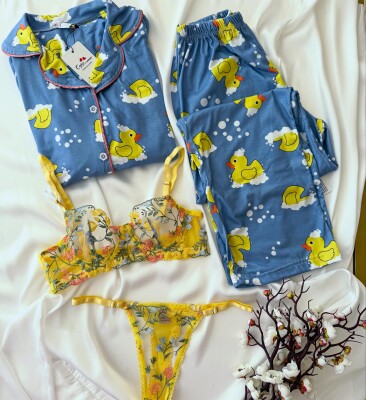 Cozy Duck Set Önden Dügmeli Pijama Sütyen Kombin 6879 - ÇeyizeDairHerşey