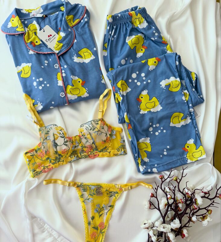 Cozy Duck Set Önden Dügmeli Pijama Sütyen Kombin 6879 - 1