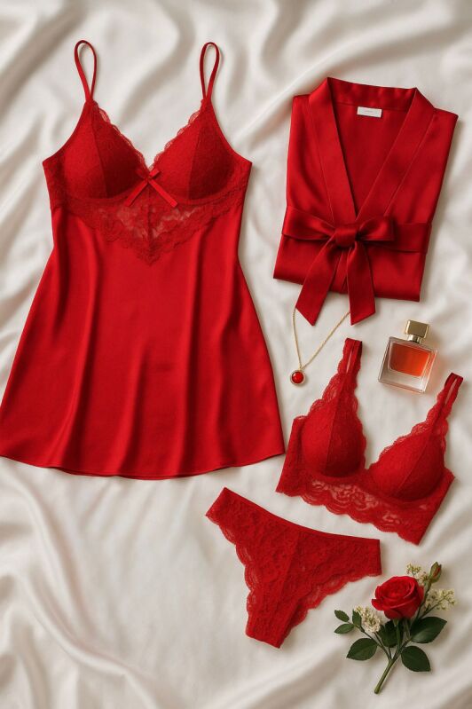 Crimson Kırmızı Saten & Dantel Lingerie Set – Şık İç Çeyiz Takımı 7054 - 2
