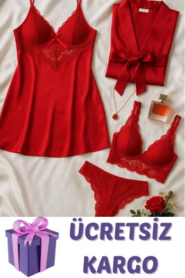 Crimson Kırmızı Saten & Dantel Lingerie Set – Şık İç Çeyiz Takımı 7054 - 1