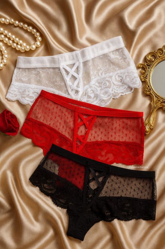 Dantel Detaylı Fantezi Kadın Külot 3’lü Set – Kırmızı / Siyah / Beyaz 7011 - 1