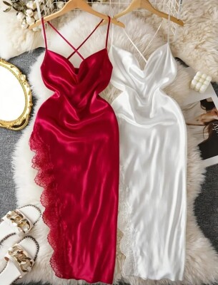  Dantelli Derin Yırtmaçlı Saten Elbise Gecelik Kırmızı Siyah Beyaz İp Askılı Gecelik 7005 - ÇeyizeDairHerşey (1)