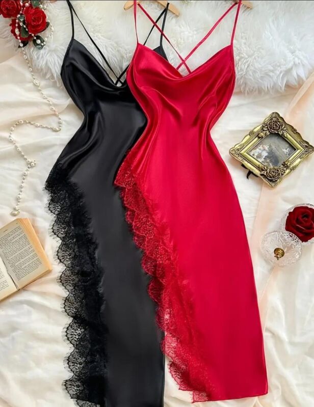  Dantelli Derin Yırtmaçlı Saten Elbise Gecelik Kırmızı Siyah Beyaz İp Askılı Gecelik 7005 - 1