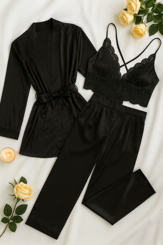 Dark Desire – Şık Siyah Saten Dantel Pijama Seti (3 Parça) 6941 - 1