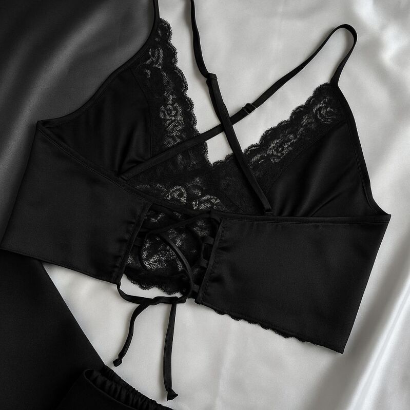 Dark Desire – Şık Siyah Saten Dantel Pijama Seti (3 Parça) 6941 - 2