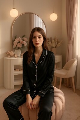  Evloria Siyah Saten Pijama Takım 6728 - ÇeyizeDairHerşey
