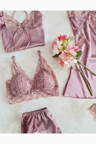 Gül kurusu saten sabahlıklı şortlu 6 li çeyizlik set 6105 - 4