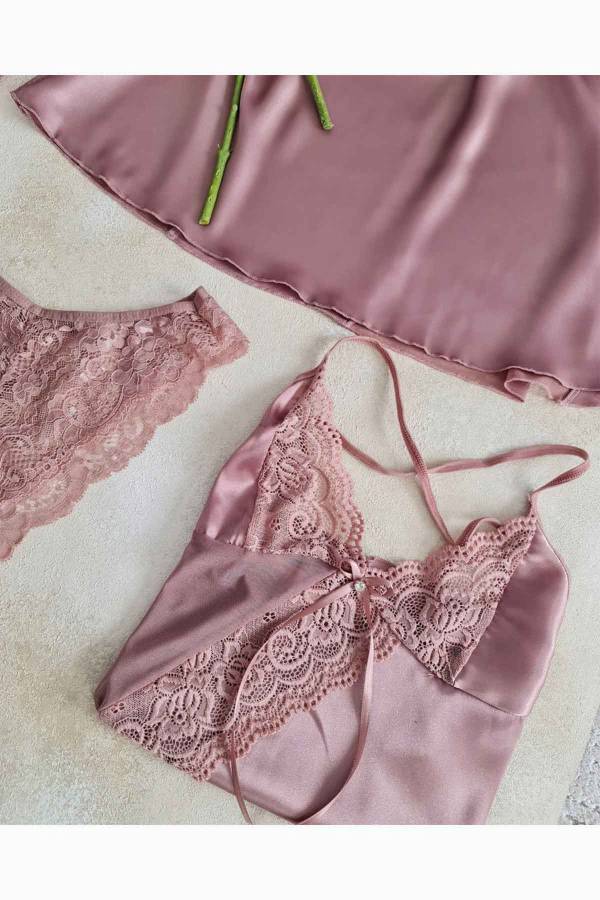 Gül kurusu saten sabahlıklı şortlu 6 li çeyizlik set 6105 - 6