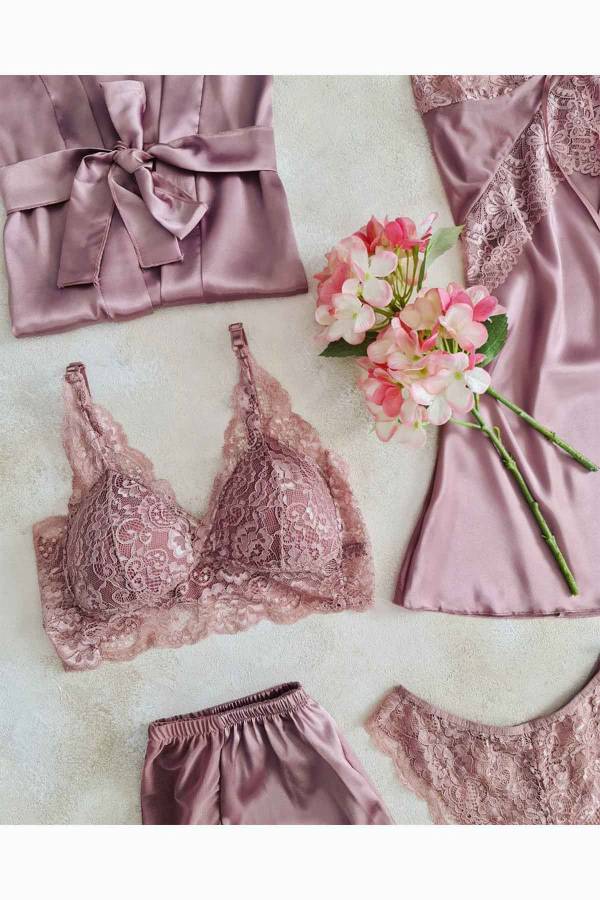 Gül kurusu saten sabahlıklı şortlu 6 li çeyizlik set 6105 - 5