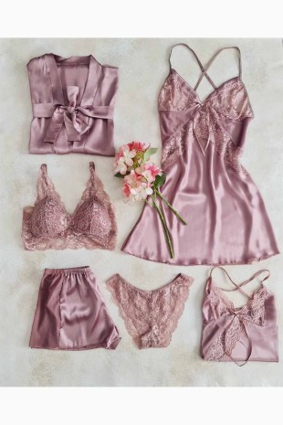 Gül kurusu saten sabahlıklı şortlu 6 li çeyizlik set 6105 - ÇeyizeDairHerşey