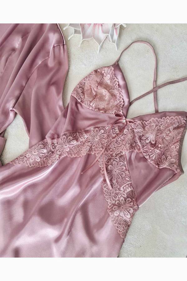 Gül kurusu saten sabahlıklı şortlu 6 li çeyizlik set 6105 - 7