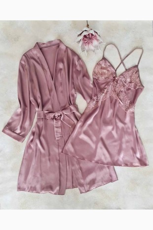 Gül kurusu saten sabahlıklı şortlu 6 li çeyizlik set 6105 - 3
