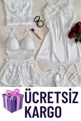 Beyaz Saten Sabahlıklı 6 lı çeyizlik set 6451 - ÇeyizeDairHerşey