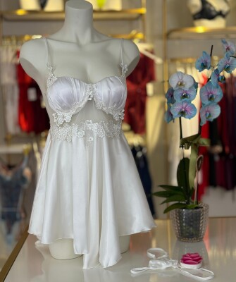 Honeymoon Touch Beyaz Güpür Detaylı Saten Gecelik 6890 - ÇeyizeDairHerşey