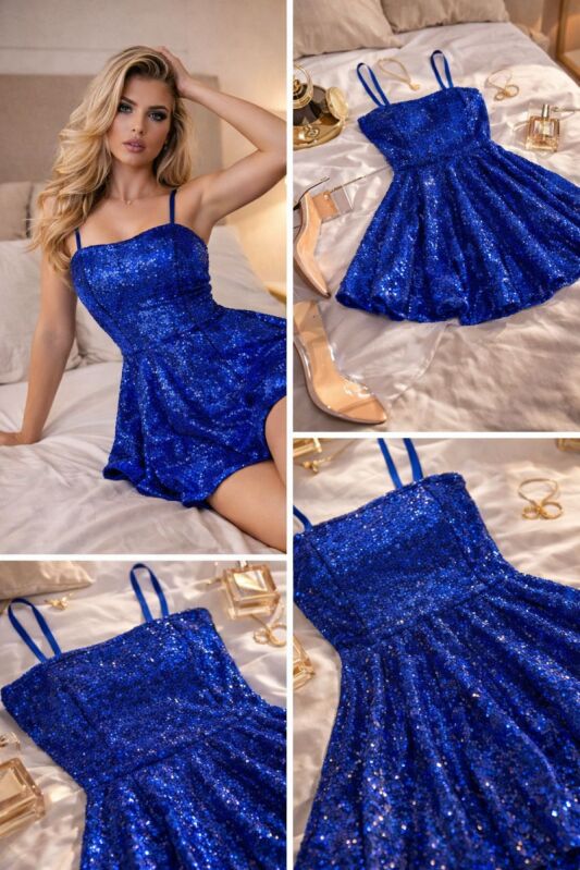 Işıltı Payetli Askılı Mini Gecelik Saks Mavisi - 2