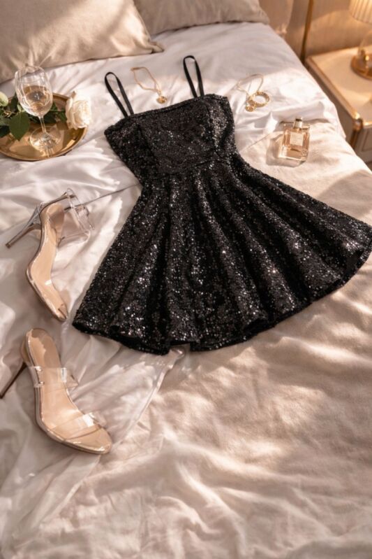 Işıltı Payetli Askılı Mini Gecelik Siyah - 2