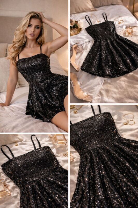 Işıltı Payetli Askılı Mini Gecelik Siyah - 3