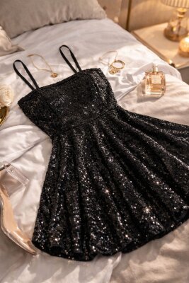 Işıltı Payetli Askılı Mini Gecelik Siyah - 4