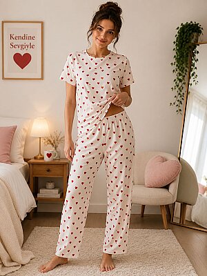Kadın Kalpli Pijama Takımı Kısa Kollu Rahat Ev Giyim Yazlık Yumuşak Kumaş Beyaz Kırmızı Kalp Desenli 7205 - ÇeyizeDairHerşey