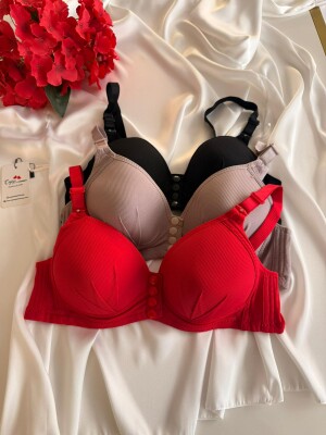 Kadın Telsiz Önden Çıtçıtlı Desteksiz Sütyen 3’lü Paket (Kırmızı - Vizon - Siyah) 7030 - ÇeyizeDairHerşey