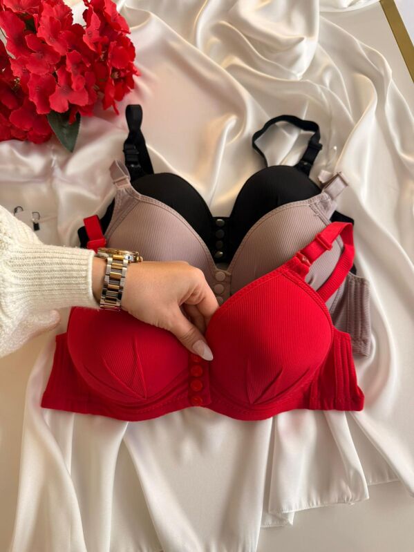 Kadın Telsiz Önden Çıtçıtlı Desteksiz Sütyen 3’lü Paket (Kırmızı - Vizon - Siyah) 7030 - 4