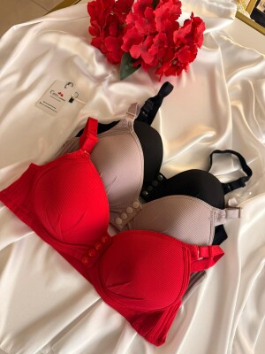Kadın Telsiz Önden Çıtçıtlı Desteksiz Sütyen 3’lü Paket (Kırmızı - Vizon - Siyah) 7030 - 3