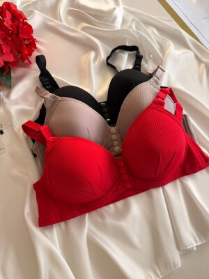 Kadın Telsiz Önden Çıtçıtlı Desteksiz Sütyen 3’lü Paket (Kırmızı - Vizon - Siyah) 7030 - 5