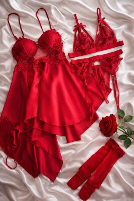 Kırmızı Saten Gecelik ve İç Giyim Çeyiz Seti 6 Parça 7114 - ÇeyizeDairHerşey