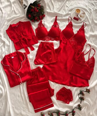 Kırmızı 8 Parça Dev Sabahlıklı Çeyiz Seti 7082 - ÇeyizeDairHerşey